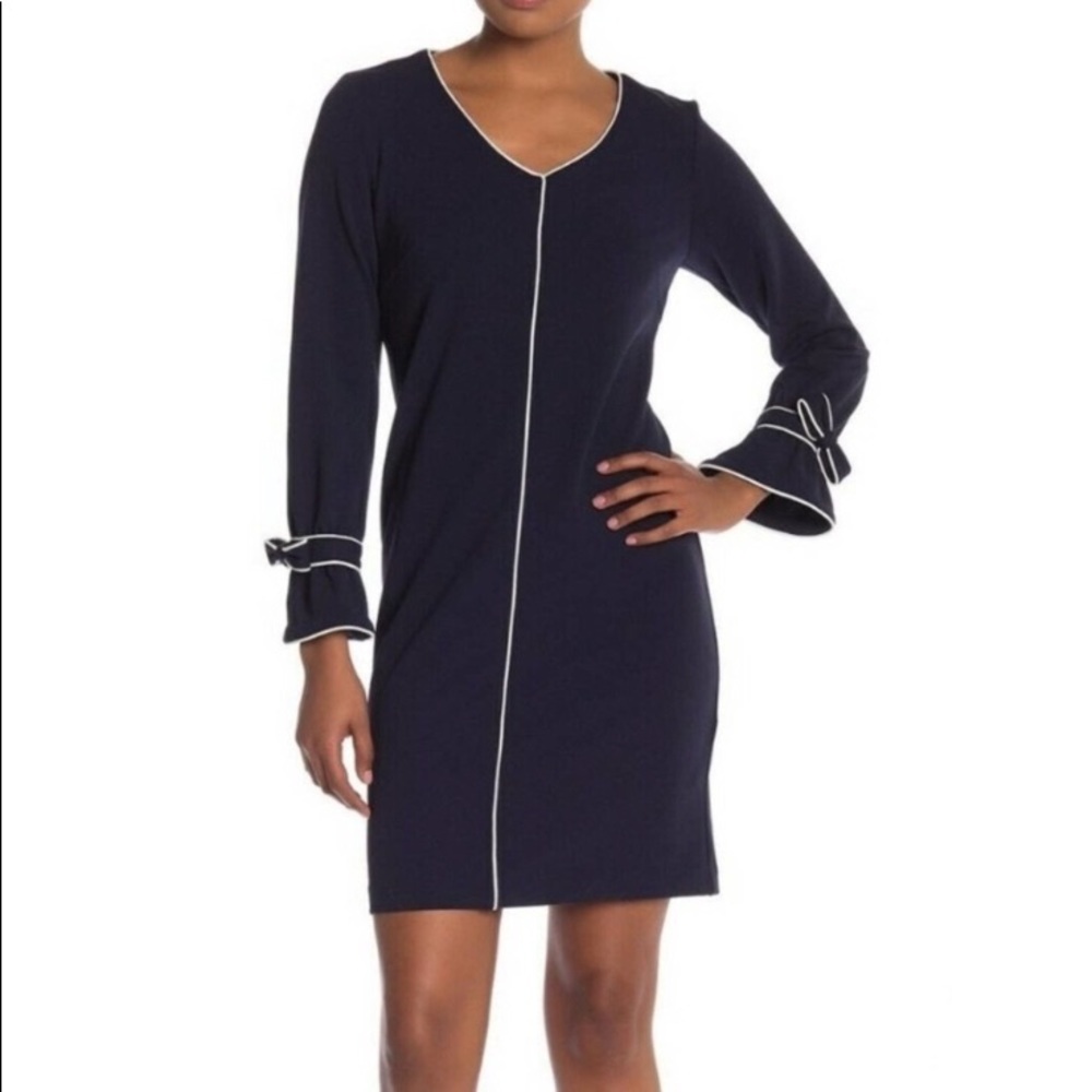 Sharagano Navy Blue Dress with White Trim